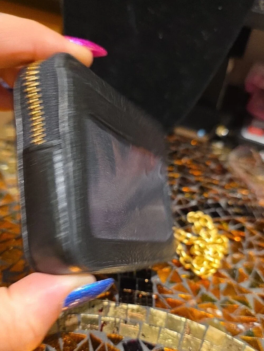 Coach Black Pebbled Leather Mini Wallet with Gold Chain